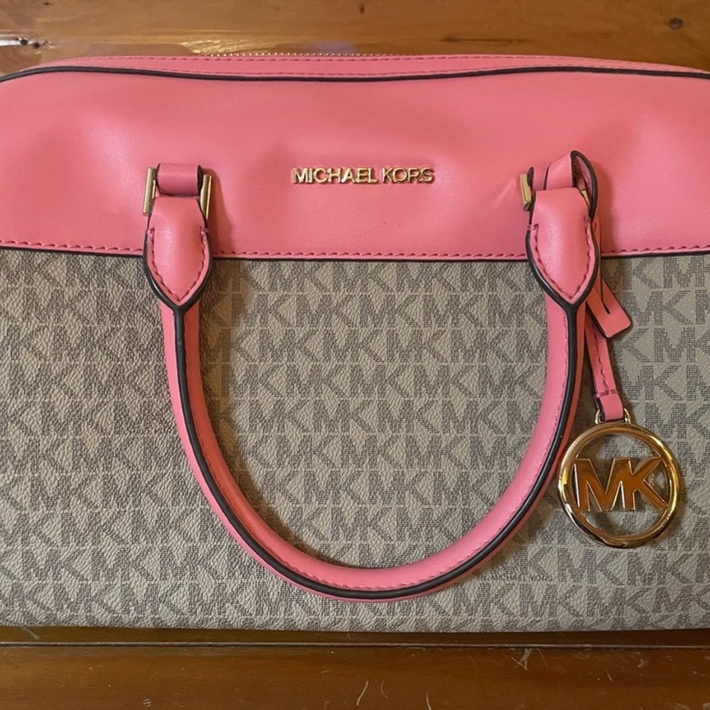 Michael Kors Pink and Tan Satchel with Gold Hardware
